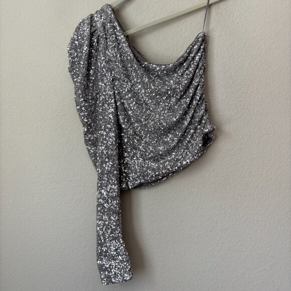 Express Sequin One Shoulder Puff Sleeve Top NYE New Years - Picture 10 of 10